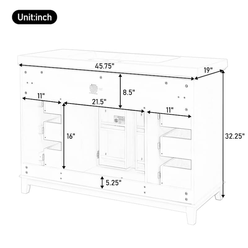 Roomfitters 48" Bathroom Vanity with Integrated Resin Sink, 6 Soft-Close Drawers and Double Doors with 2-Tier Shelving, White