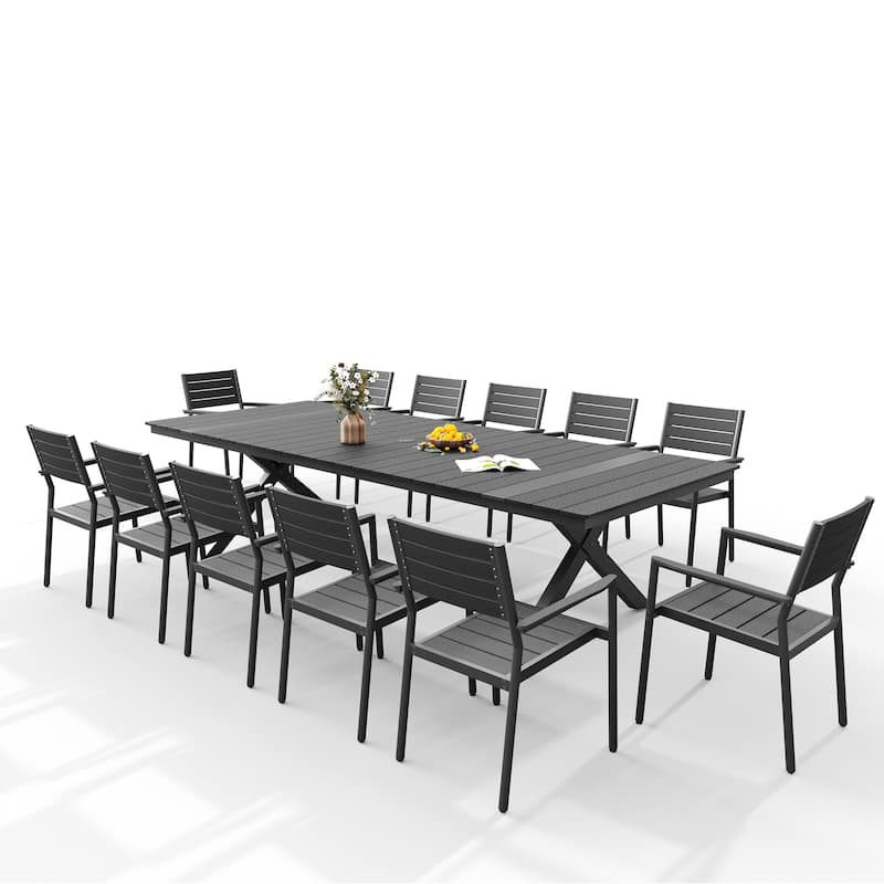 13PC Outdoor Patio Aluminum X-Frame Dining Set Table with Stackable Chairs Umbrella Hole - Table-Black&Chair-Black