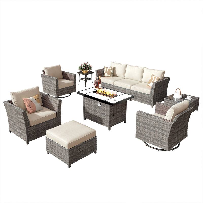 HOOOWOOO 10-piece Wicker Patio Furniture Outdoor Sectional Sofa Set with Fire Pit