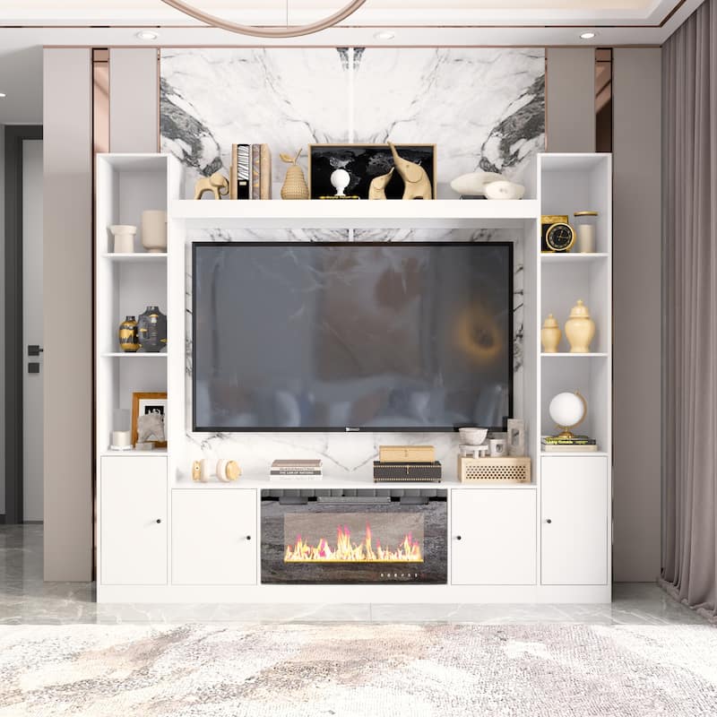 Media Console w/Fireplace Niche Contemporary Living Room Furniture - White Set