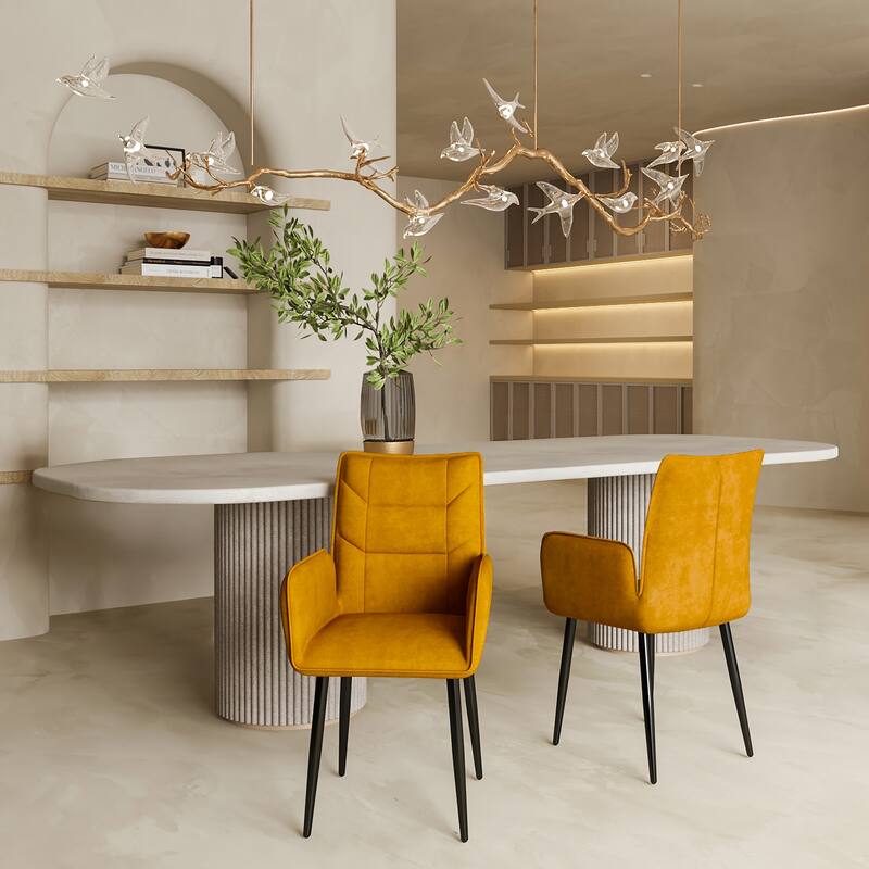 High Back Velvet Dining Chairs Set of 2, Upholstered Accent Chairs with Armrests and Iron Legs for Dining Room, Kitchen - Yellow