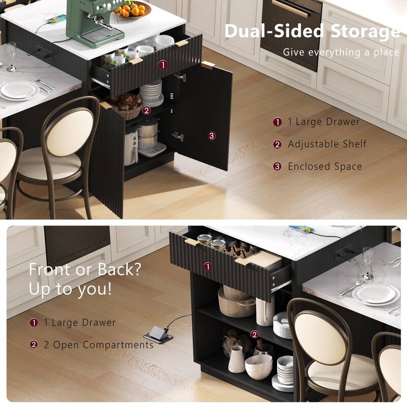 Fluted Kitchen Island with Extendable Dining Table, Power Outlet, Double Side Storage, 2 Drawers and 2 Side Open Shelves