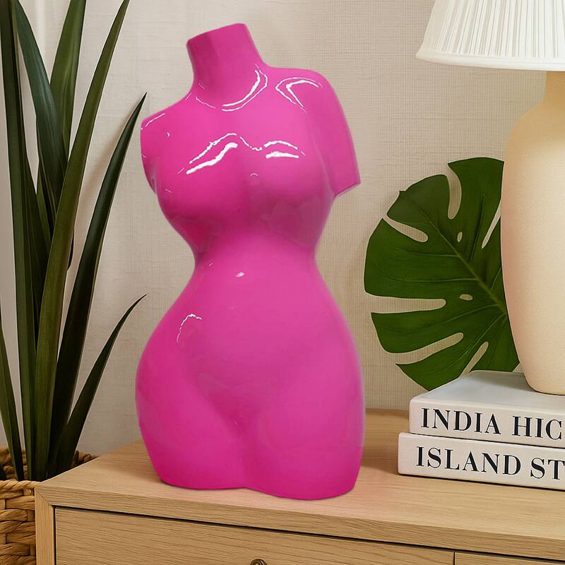 Female Torso Tabletop Decor, Bright Pink Resin Sculptural Bust 16 Inch