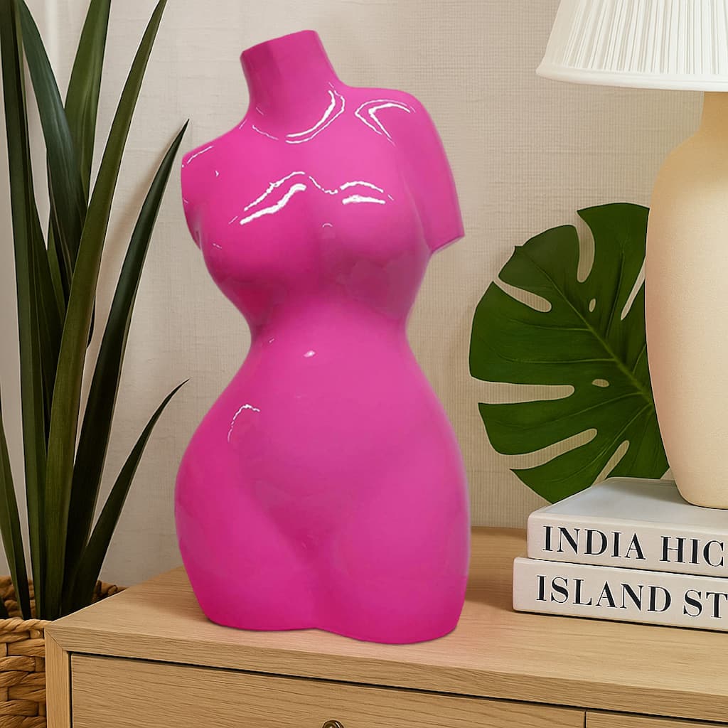 Female Torso Tabletop Decor, Bright Pink Resin Sculptural Bust 16 Inch