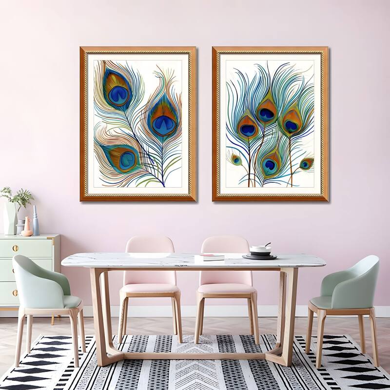 Set of 2 Peacock Feather Framed Wall Art - Replaceable Canvas Prints with Solid Wood Picture Frames, Elegant Botanical - Brown