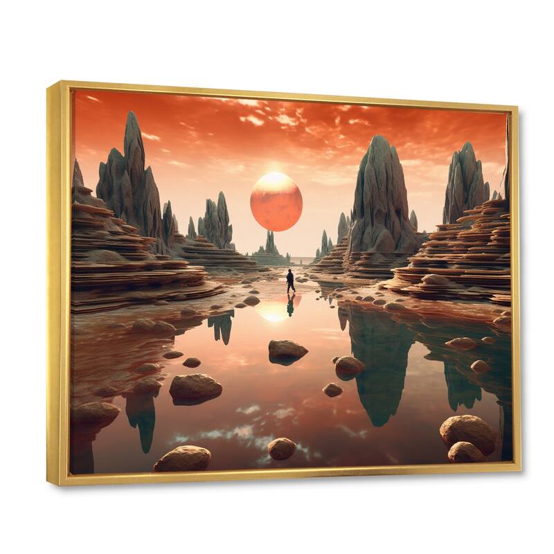 Designart "Pink Moon Rising Futuristic Mountain Landscape" Abstract Landscape Framed Wall Art Prints