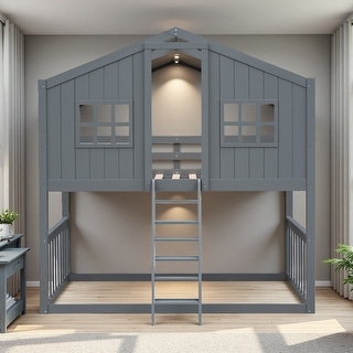 Twin over Twin Wood House Bunk Bed with Ladder & Roof Design - Bed Bath ...