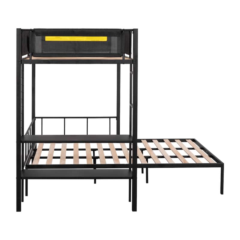 Metal Twin over Full Bunk with Shelves,Grid Panel/Wood Slats/Guardrail/Built in 2tier Shelves,Grid Panel/Separated Full size Bed