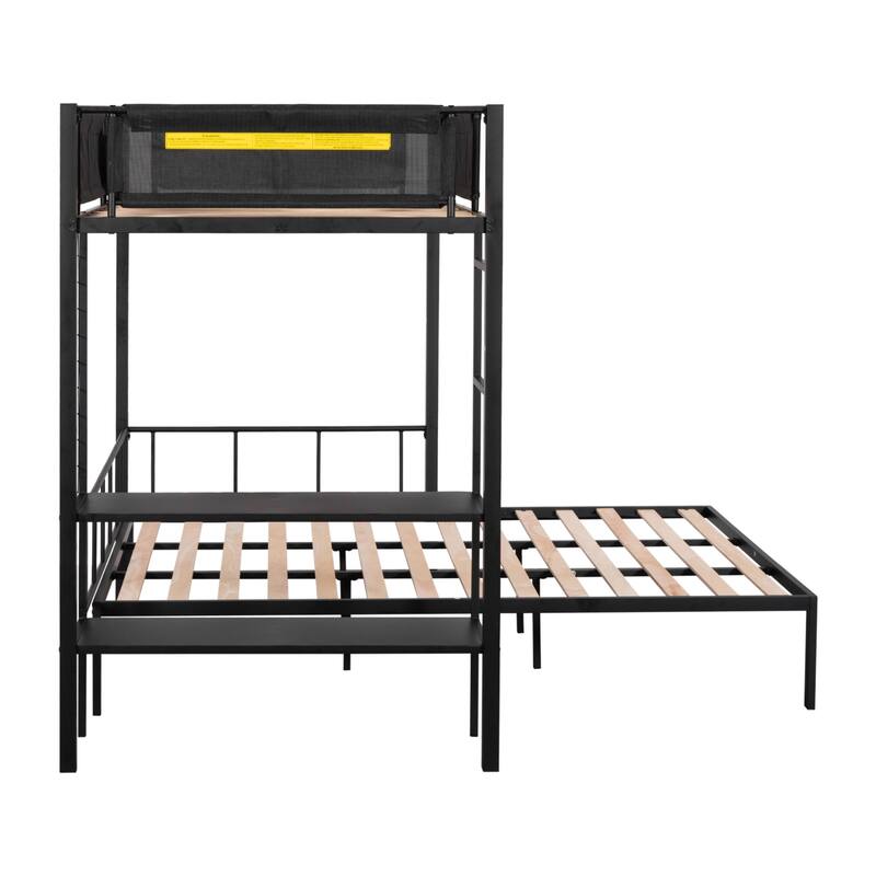 Twin Over Full Metal Bunk Bed with Built-in Shelves, Noise-Free Slats & Guardrails