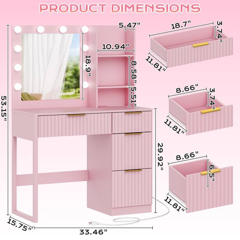 Particle Board Veneered with Textured Melamine 4-drawer 2-shelf with 10 Three-color Dimmable Bulbs Dressing Table - N/A