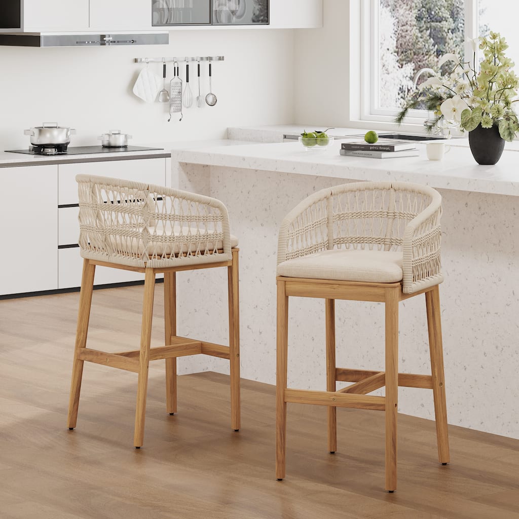 Roomfitters Laguna Outdoor Wood and Rope Barstools with Cushions, Teak Finish and Beige Set of 2