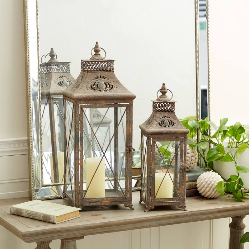 Metal Decorative Candle Lantern - Set of 2 Brown - Roche River Decor - 9"W x 9"L x 24"H