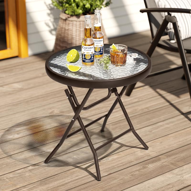 Crestlive Outdoor Side Table Patio Small Folding Table with Tempered Glass Table Top - 1-piece, Brown