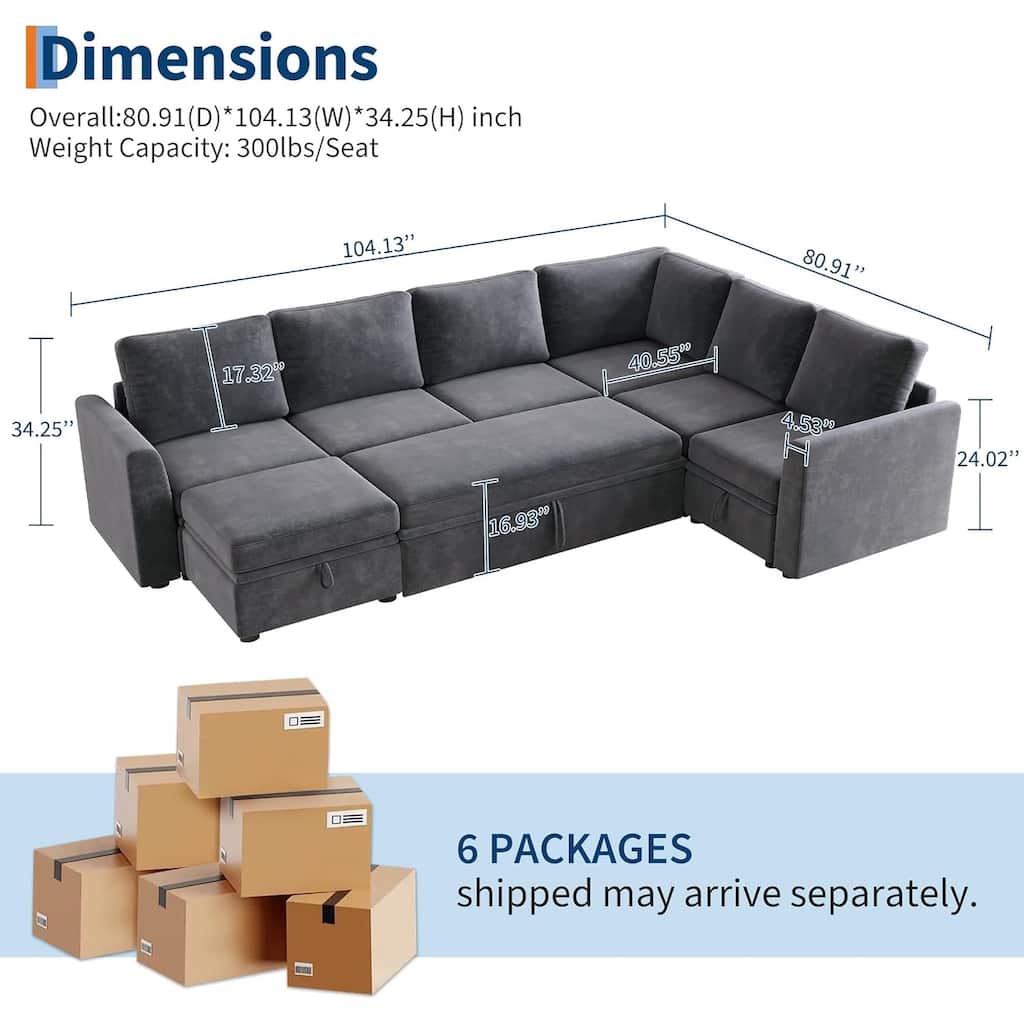 U Shaped Sectional Sleeper Sofa with Pull Out Bed, Chenille Modular Sectional Sofa
