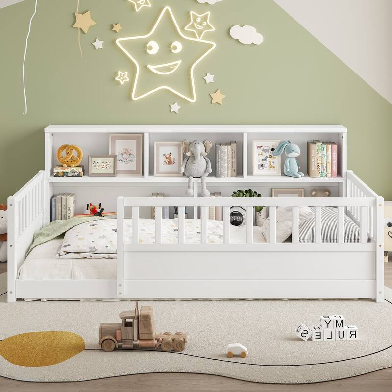 Wooden Floor Bed Frame with Fence Guardrail & Side Storage, Low Profile Kids Bed (Full/Twin)