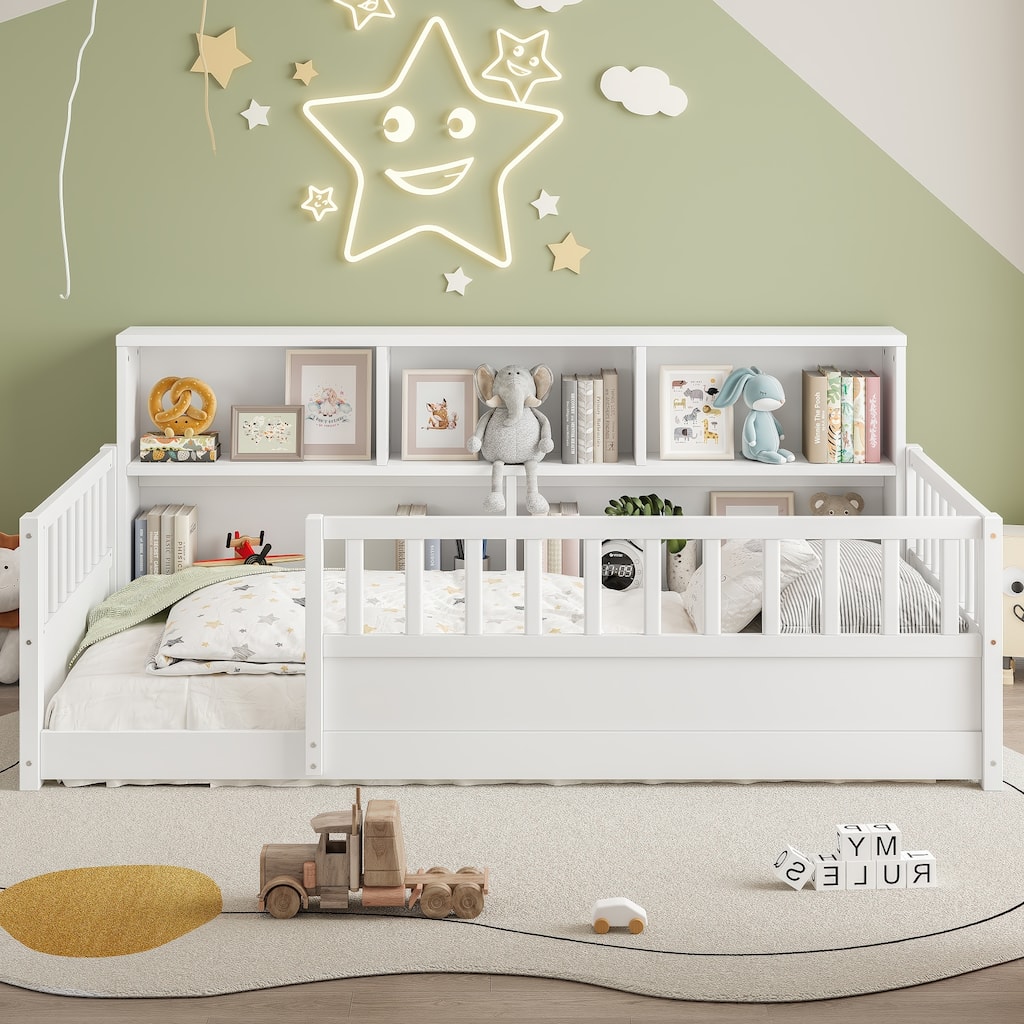 Wooden Floor Bed Frame with Fence Guardrail & Side Storage, Low Profile Kids Bed (Full/Twin)