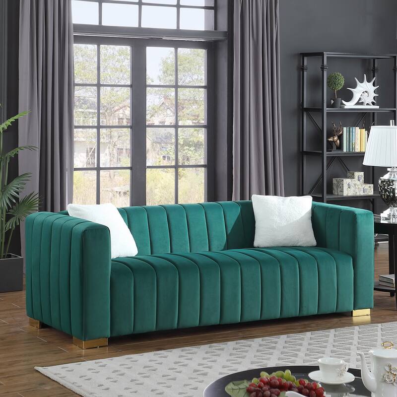 Chesterfield 87.01" Velvet Channel Tufted 3-seater Sofa with Pillows for Living Room