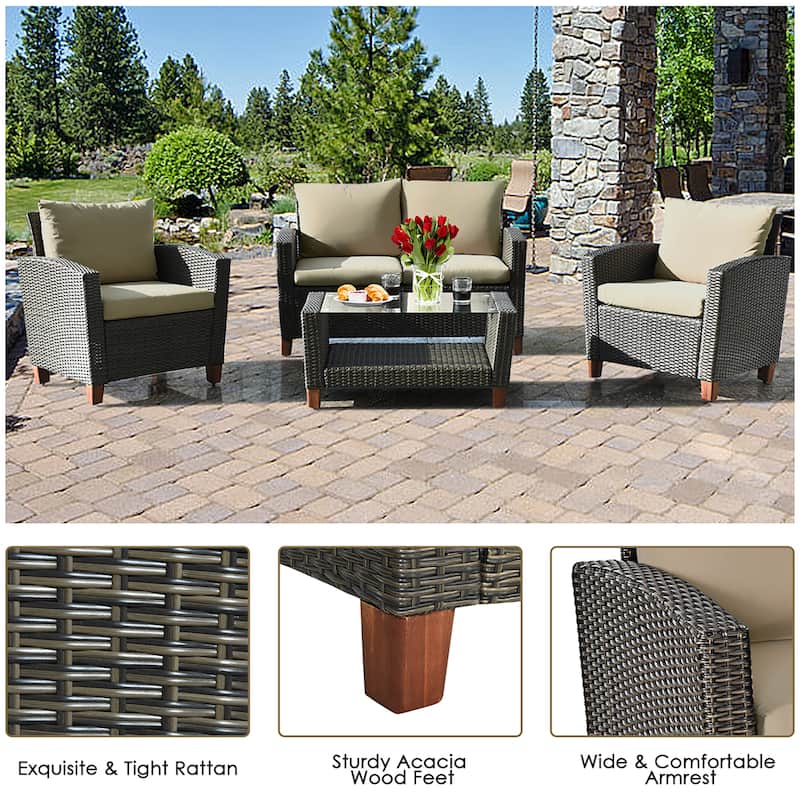 4 PCS Patio Rattan Furniture Set Outdoor Wicker Conversation Set