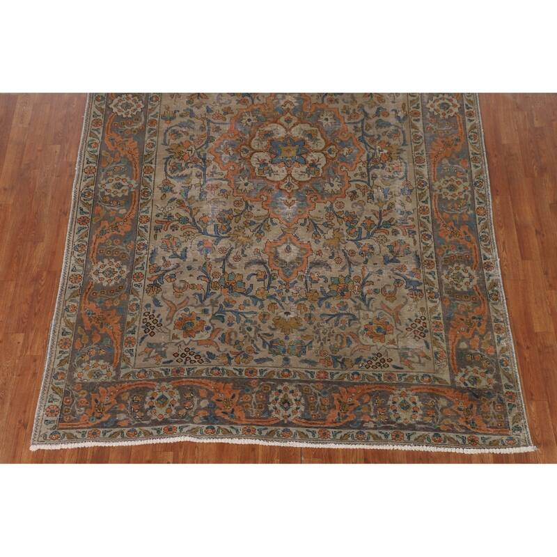 Distressed Tabriz Persian Antique Rug Handmade Floral Wool Carpet - 6'6"x 10'2"