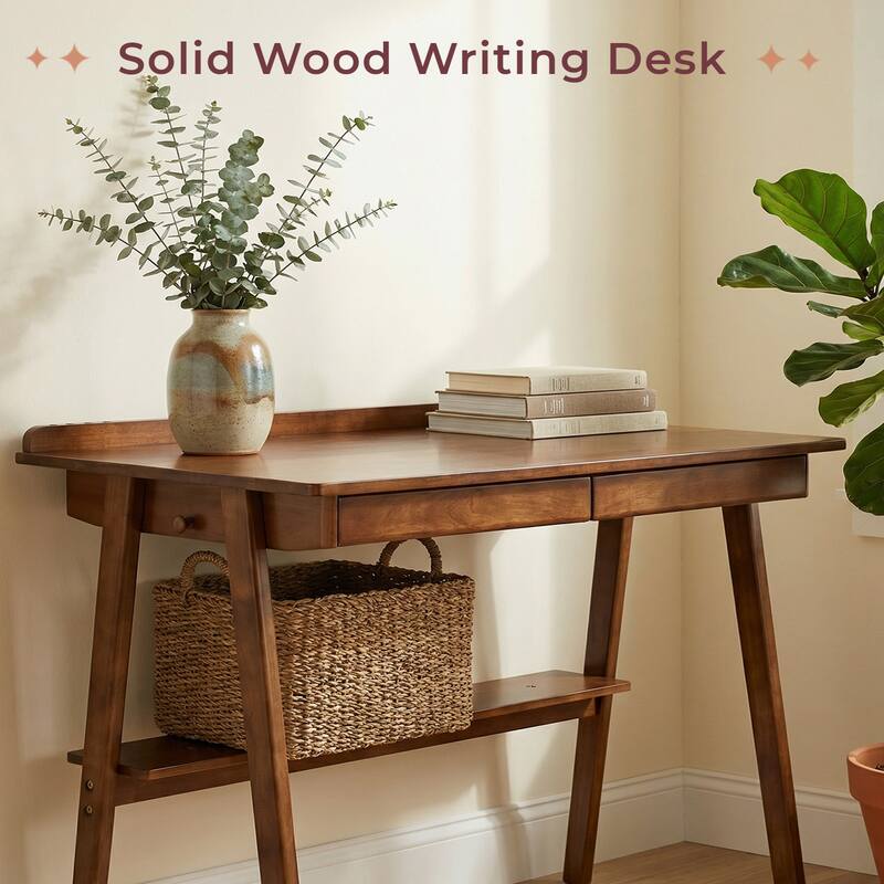 Anmytek Mid Century Modern Walnut Solid Wood Writing Desk with Drawers and Storage Shelf