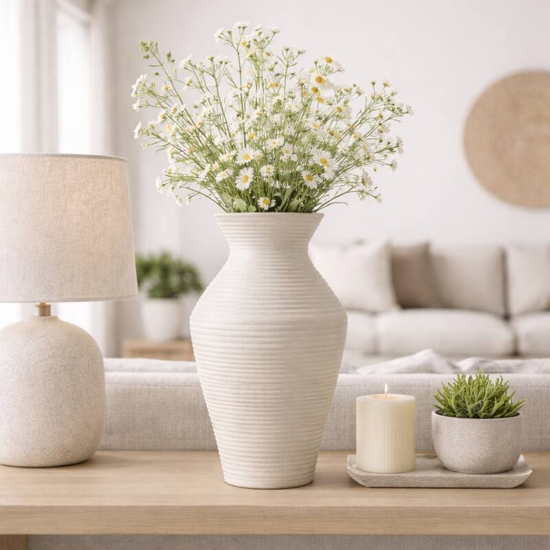 Sculptural Ribbed Paper Mache Table Vase - Stylish Tall Flower Vase - 20.0"