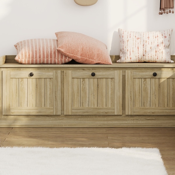 Oak L-Shaped Storage Bench Seat, Hidden Flip-Up Storage, Space