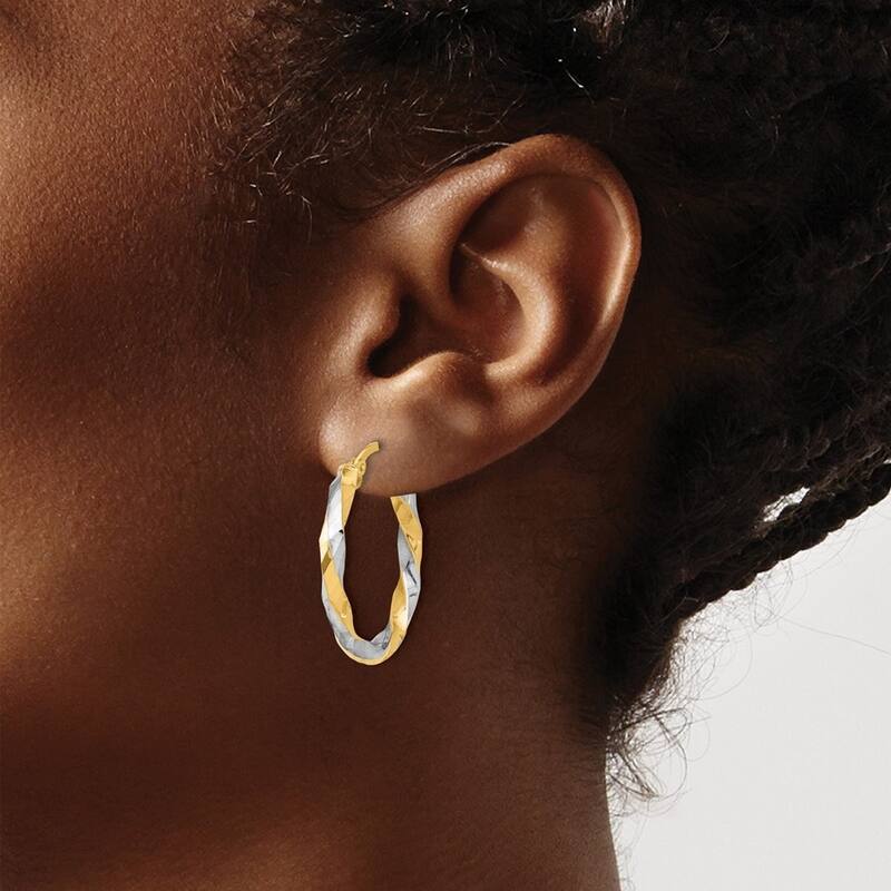 Curata 14k Yellow Gold White Rhodium Polished and Diamond cut Twisted Hoop Earrings - 27.5x26.9mm