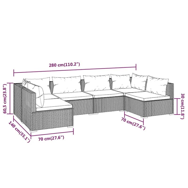 vidaXL 7 Piece Patio Lounge Set with Cushions Poly Rattan Brown - 27.6" x 27.6" x 24" - 27.6" x 27.6" x 24"