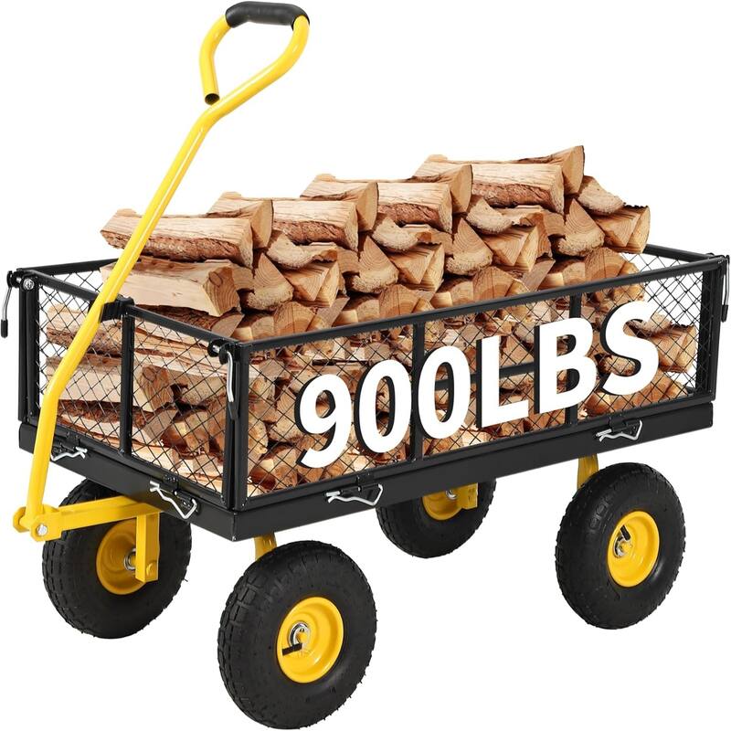 900-lb Capacity Steel Garden Cart Removable Mesh Sides Convert to Flatbed and 180Degree Rotating Handle Black