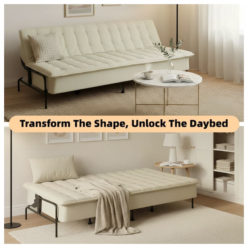 Homy Casa Modern Convertible Sofa Bed, Beige Futon Couch with Metal Frame