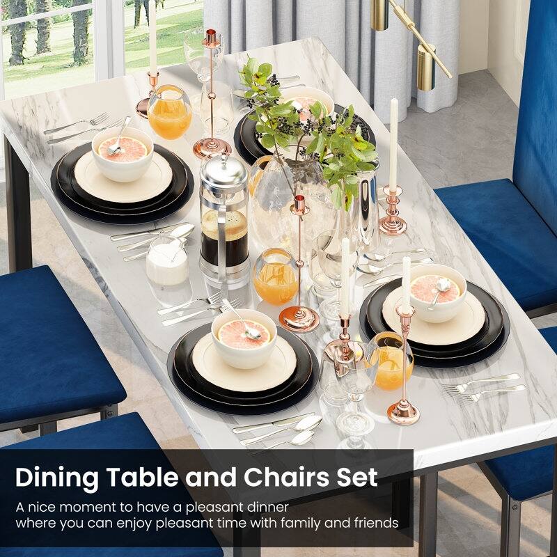 5 Piece Dining Table Set for 4, Kitchen Faux Marble Table Set with Velvet Chairs for Small Spaces, Breakfast Nook, Living Room