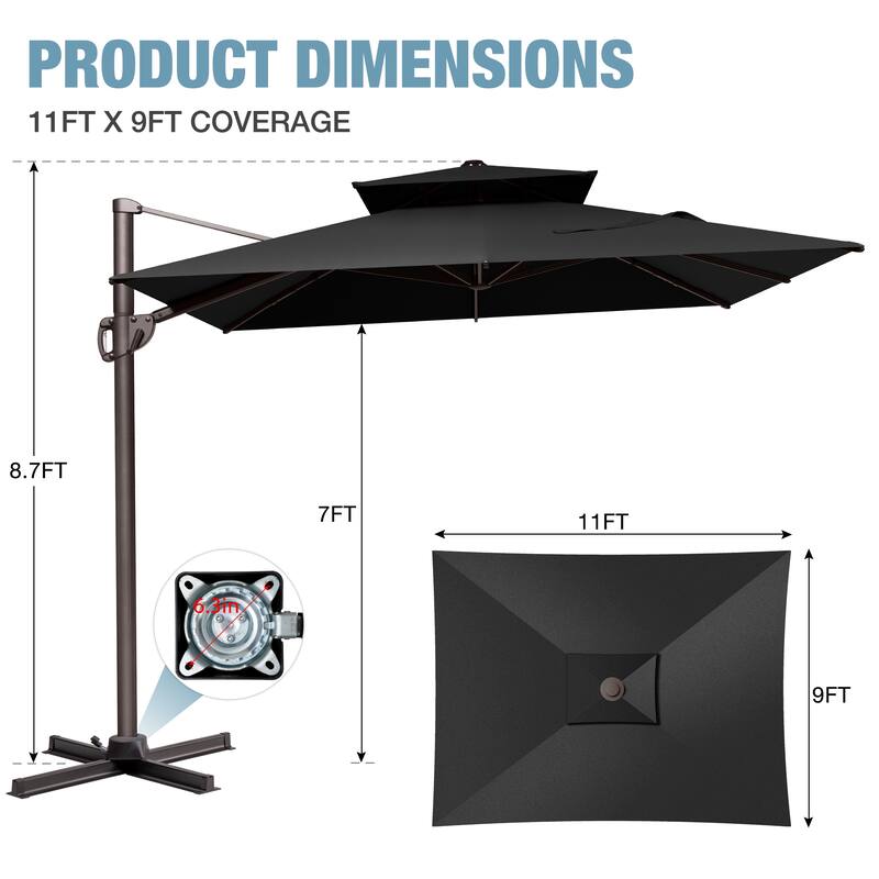 VredHom 9X11FT Outdoor Dual Wind Vent Offset Cantilever Patio Umbrella
