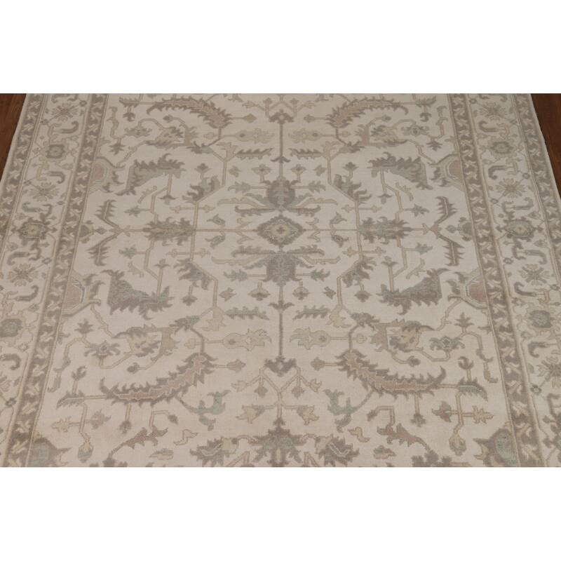 All-Over Ivory Floral Oushak Indian Area Rug Handmade Wool Carpet - 8'4" x 11'10"