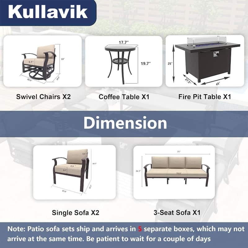 Kullavik Aluminum Outdoor Patio Furniture with Curved Armrests & Firepit Table