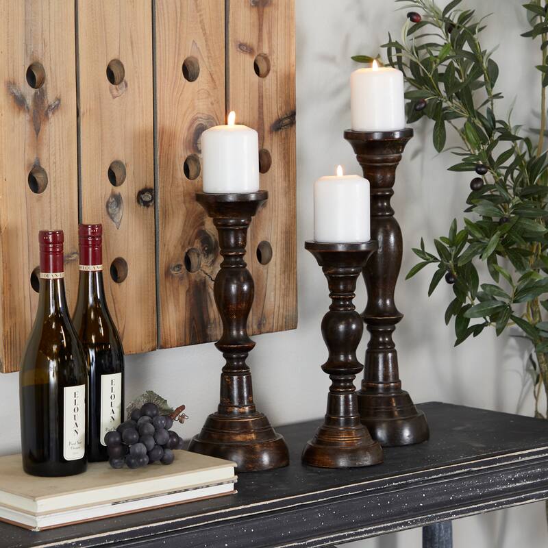 Mango Wood Candle Holder - Set of 3 Black - Roche River Decor - 6"W x 6"L x 18"H