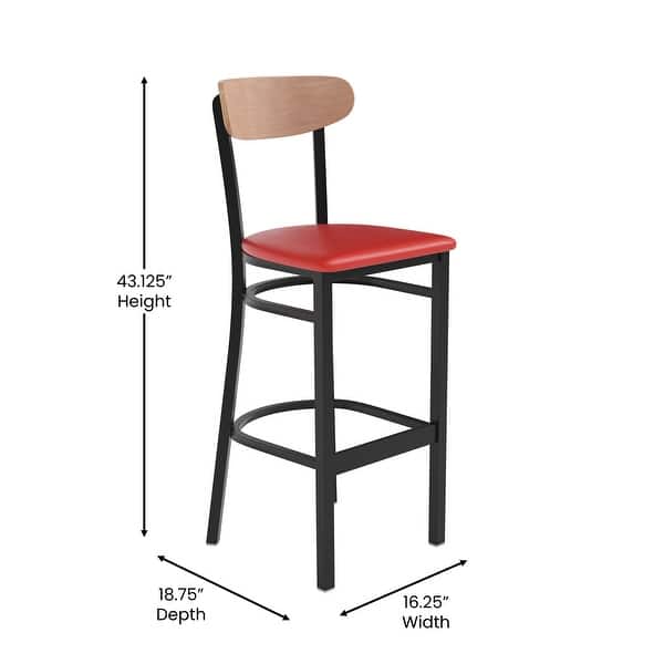 dimension image slide 7 of 13, Commercial Metal Barstool with Wood Seat and Boomerang Back