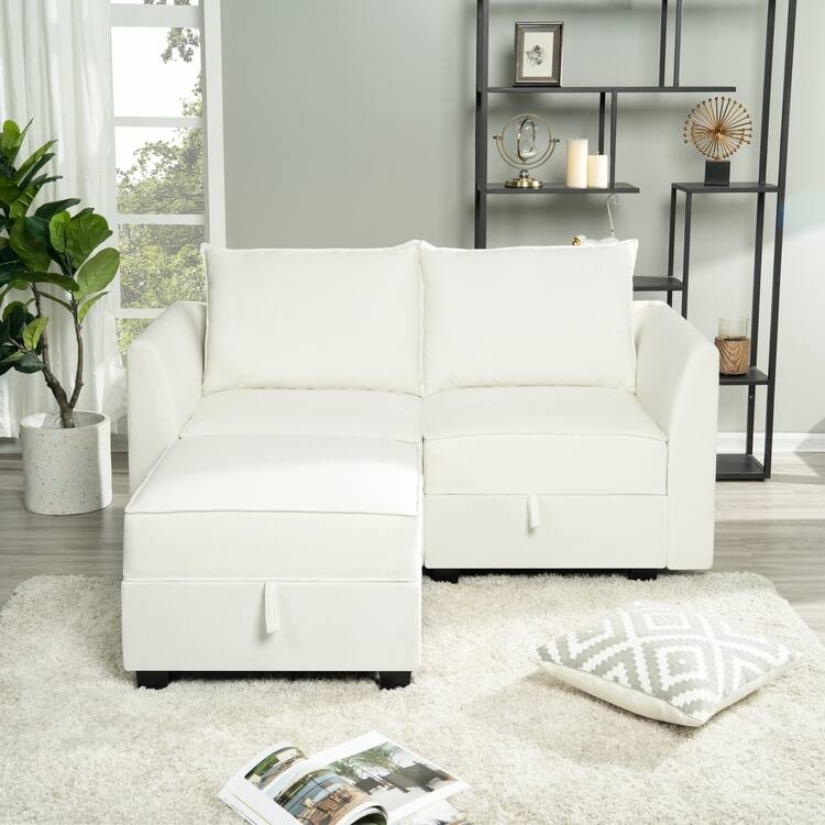 Modern Modular DIY Collection - Sturdy Wooden Frame - Versatile & Stylish Furniture for Living Room Bedroom - Loveseat with Ottoman,White Down,Linen
