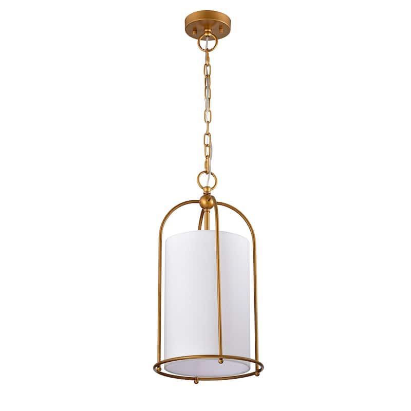 Antique Brass Finish 1-Light 10 in. Cage Pendant with White Fabric Shade