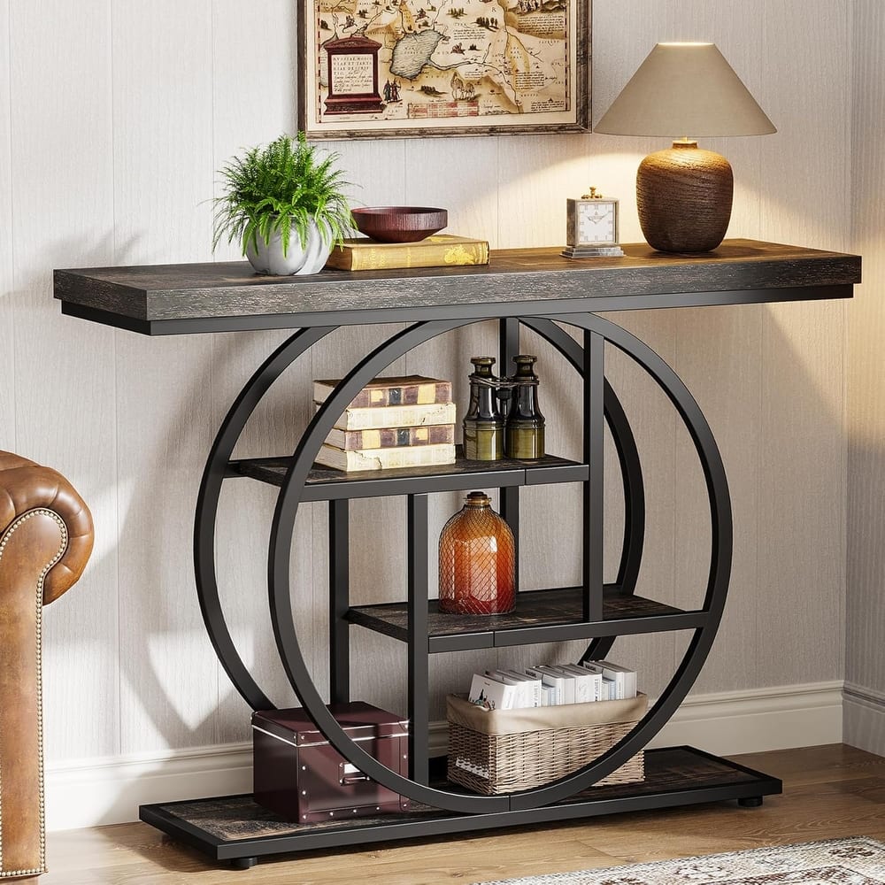 41.3" Console Table, Industrial 4-Tier Sofa Table for Entryway with Circle Base