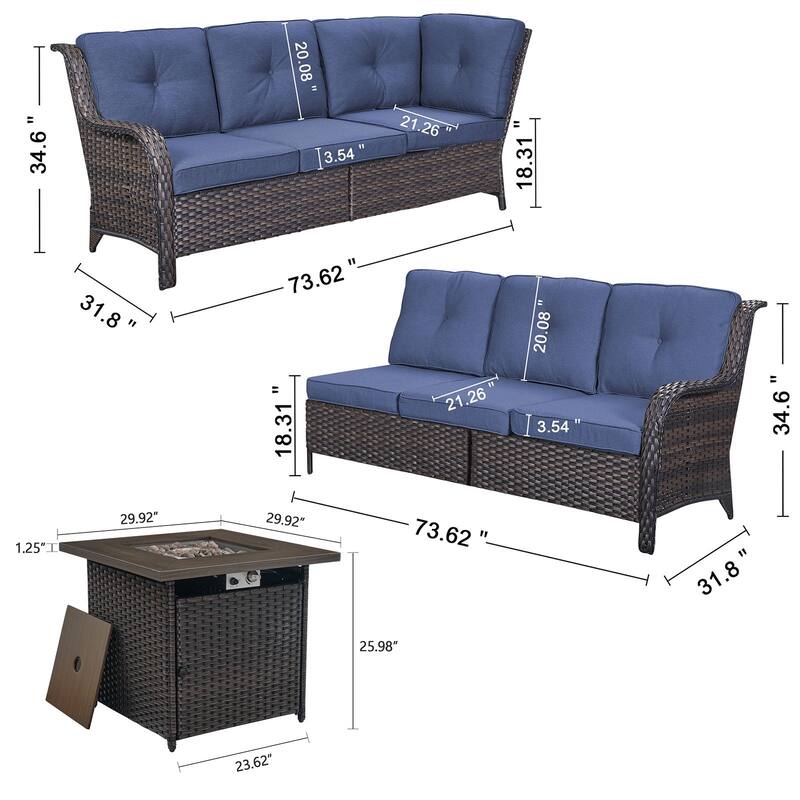 Gymojoy 2-Piece Outdoor Wicker Patio Furniture with Fire Pit and L-shaped Sectional Sofa, Coversation Set with Thick Cushions