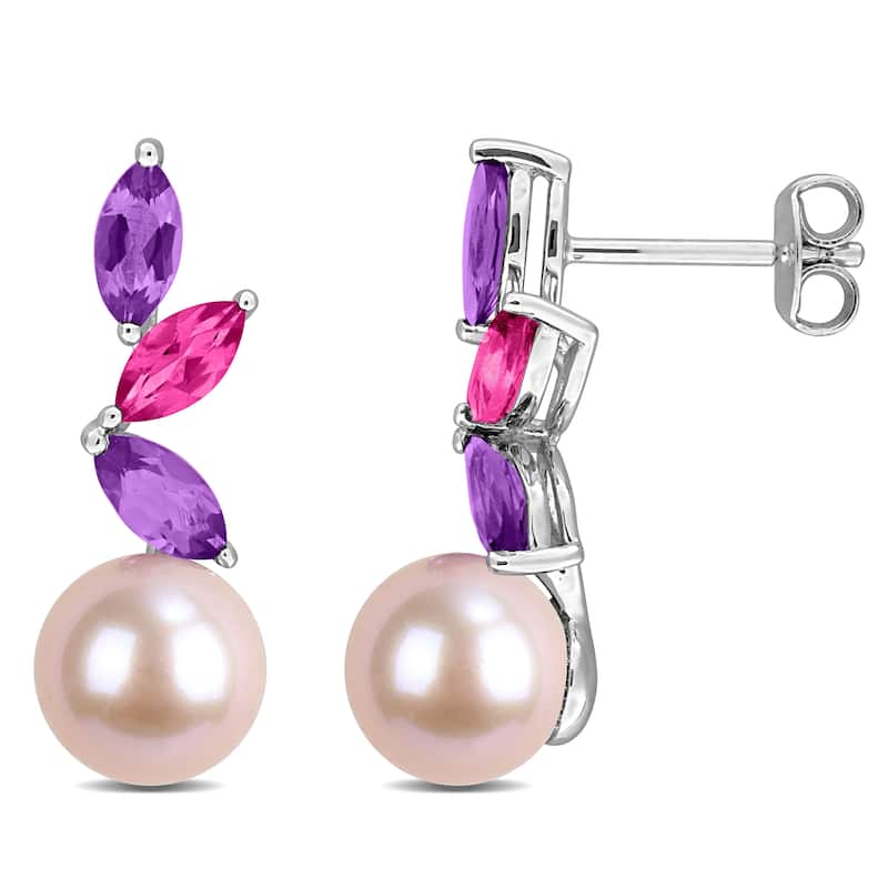 Miadora Cultured Freshwater Pearl and Gemstone Cluster Drop Earrings Sterling Silver - Pink