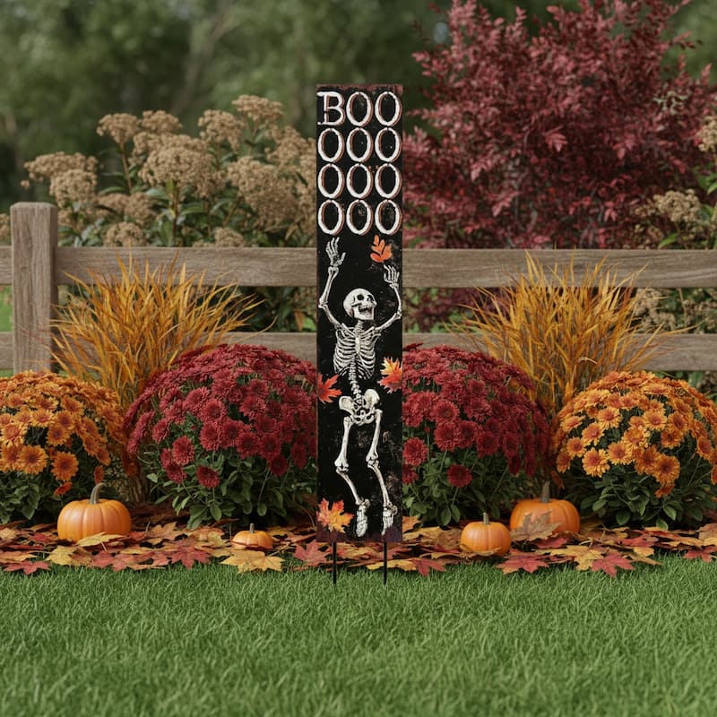 HomeRoots 42" Black Orange And White Solid Wood Boo Halloween Skeleton Garden Stake - Orange/White/Black - Wood