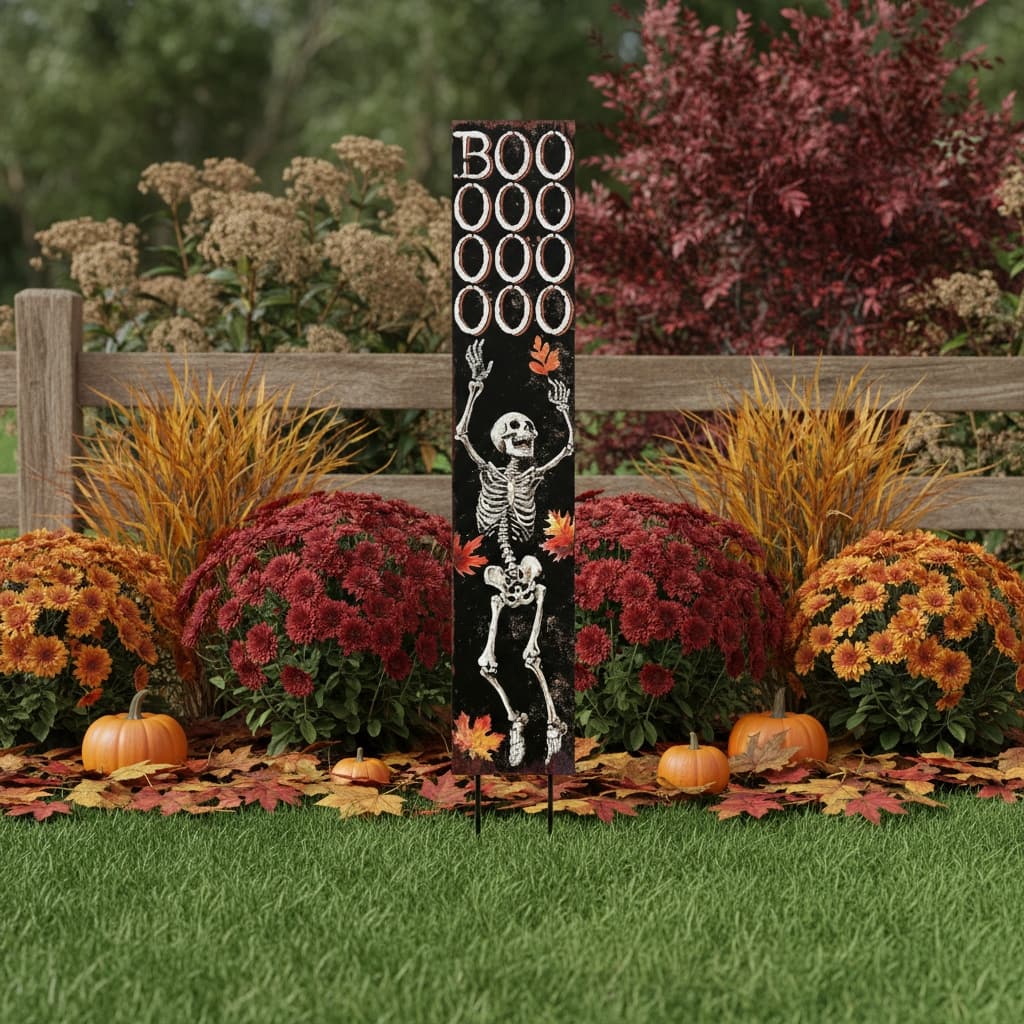 HomeRoots 42" Black Orange And White Solid Wood Boo Halloween Skeleton Garden Stake