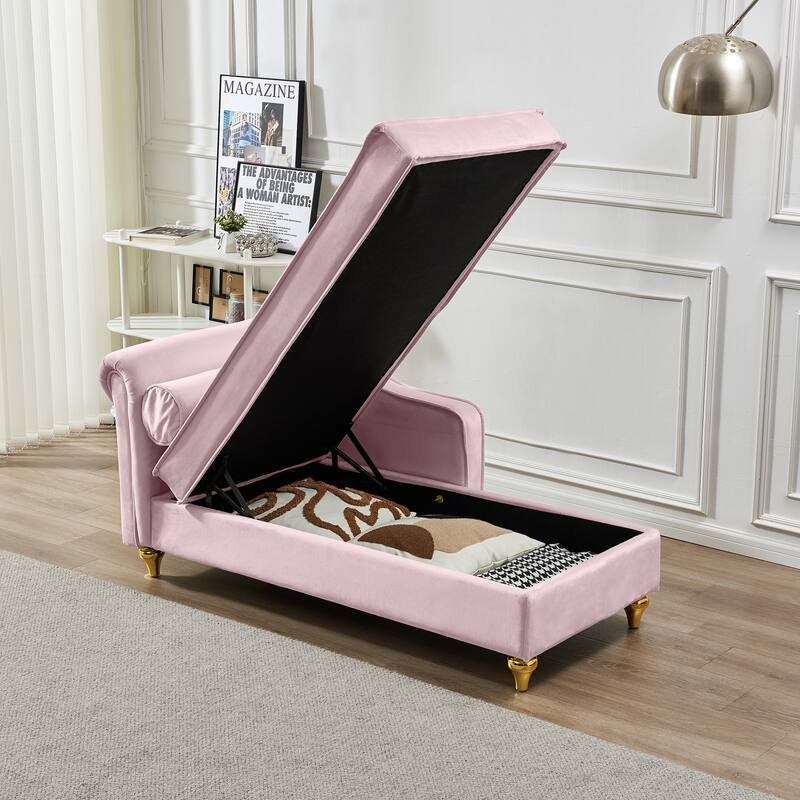 Pink Modern 60.6" Velvet Upholstered Chaise Lounge Chair with Metal Legs and Storage