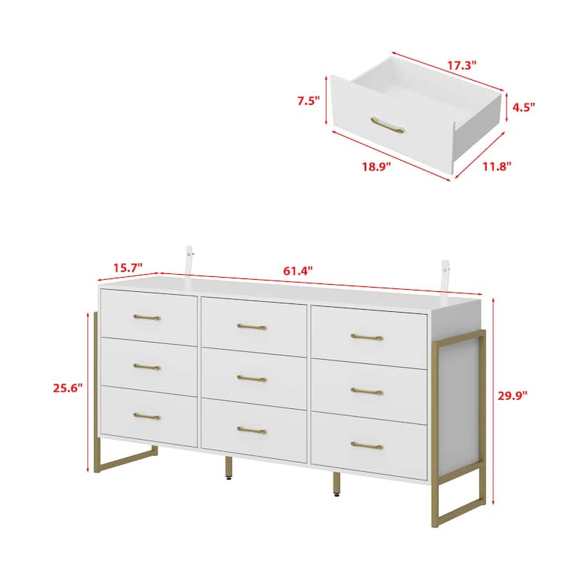 61.4"W Modern Black Dresser with 9 Spacious Drawers - Gold Handles