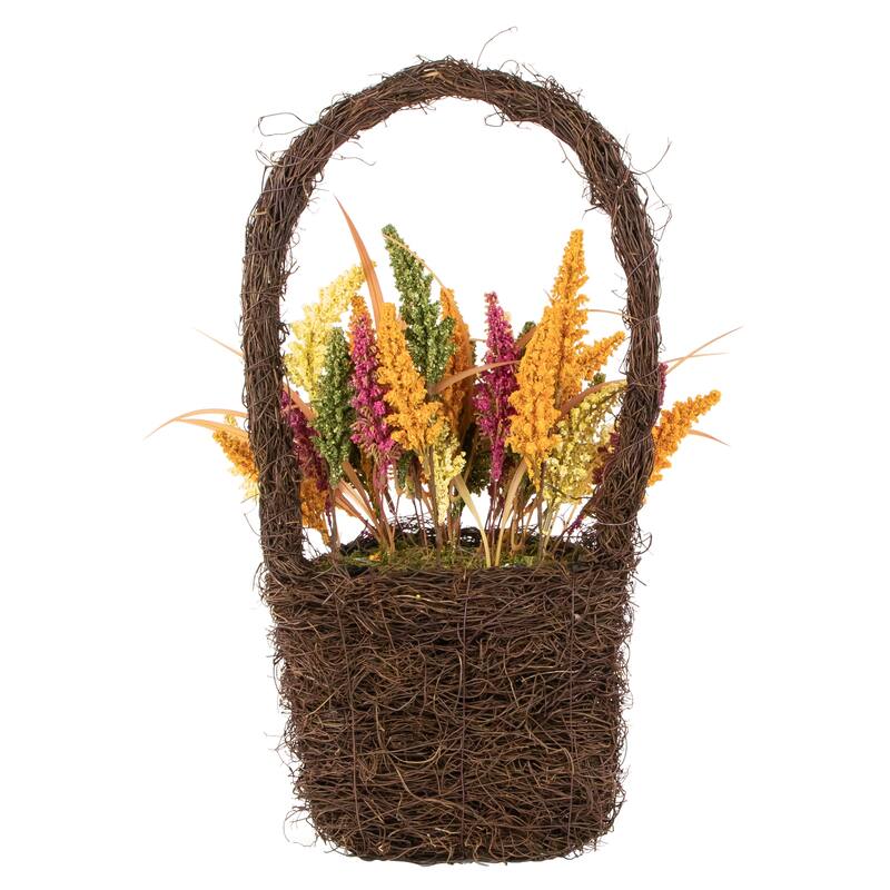 Autumn Harvest Hanging Basket with Artificial Foliage and Checkered Bow - 22"