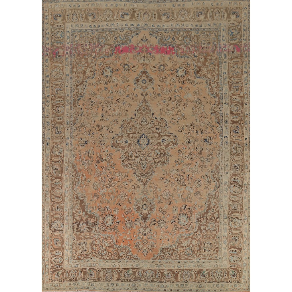 Orange Traditional Mashad Persian Vintage Rug Hand-Knotted Wool Carpet - 9'7"x 13'4"