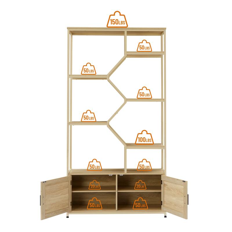 Anmytek 7-Tier Bohemian Rattan Storage Bookcase with Cabinet