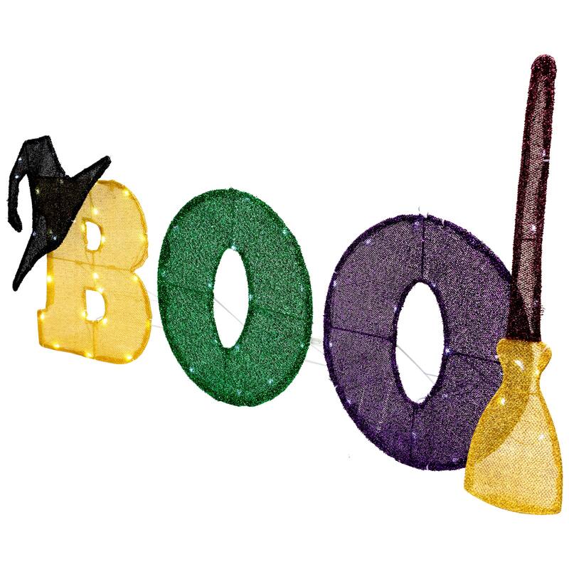 LED Lighted Tinsel BOO Outdoor Halloween Sign Decoration - 50" - Clear Lights