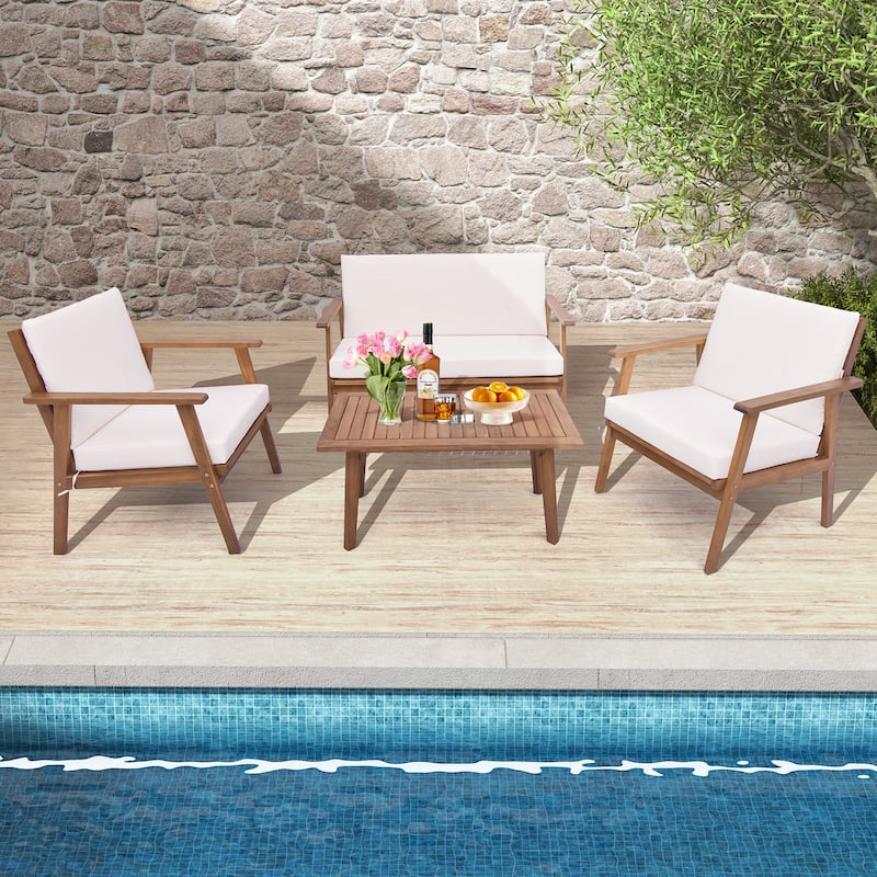 4 Piece Outdoor Acacia Wood Conversation Set with Soft Seat and Back Cushions - 26.5" x 27" x 32"